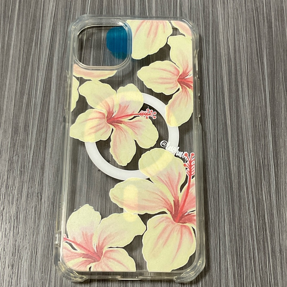 IPhone15 Plus - Clear Floral Orchids Phone Case with Pink and Yellow Hibiscus